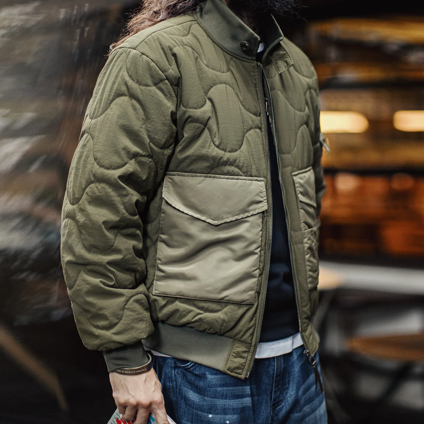 

Maden Vintage Men's M-51 Quilted Jacket Army Green Large Pocket Cotton Filled Short Coat Stand Collar Thermal Outwear for Winter