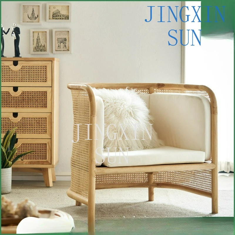 Customizable American fabric single sofa simple modern solid wood rattan chair club living room leisure reception chair lazy