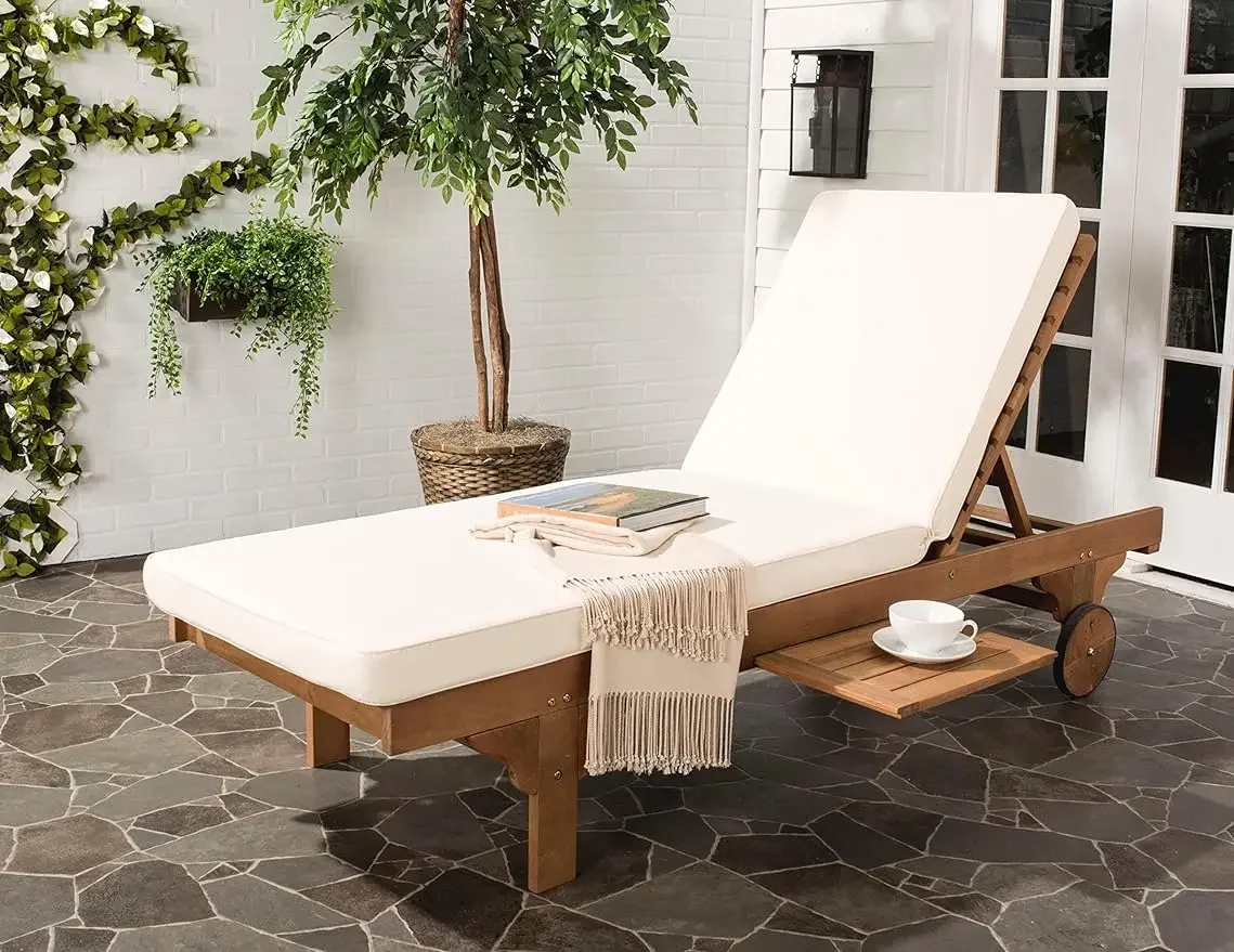 

SAFAVIEH Outdoor Collection Newport Natural/ Beige Cushion Built-in Side Table Adjustable Chaise Lounge Chair