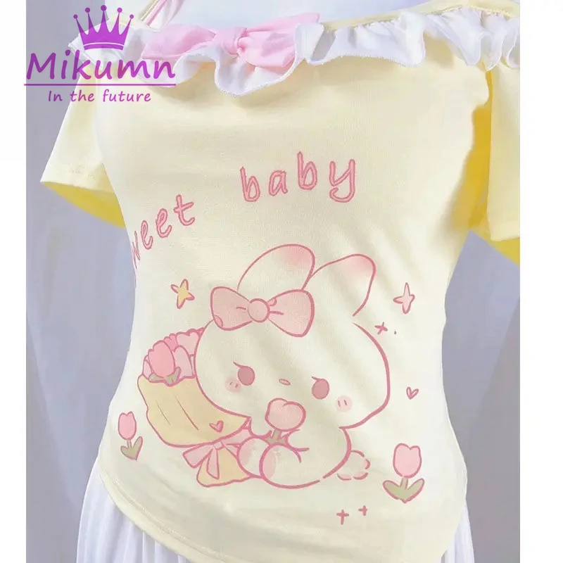 Mikumn Y2k Sweet Crop Top Women Japanese Kawaii Cartoon Bunny Print T-shirt Lolita Style Off Shoulder Bow Short Sleeve Tees