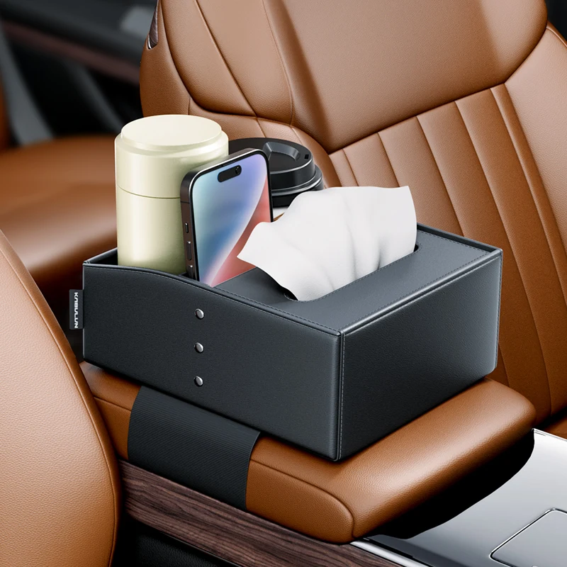 Car Armrest Storage Box PU Leather Universal Auto Center Console Organizer With Cup Holder Multi-Functional Arm Rest Tissue Box