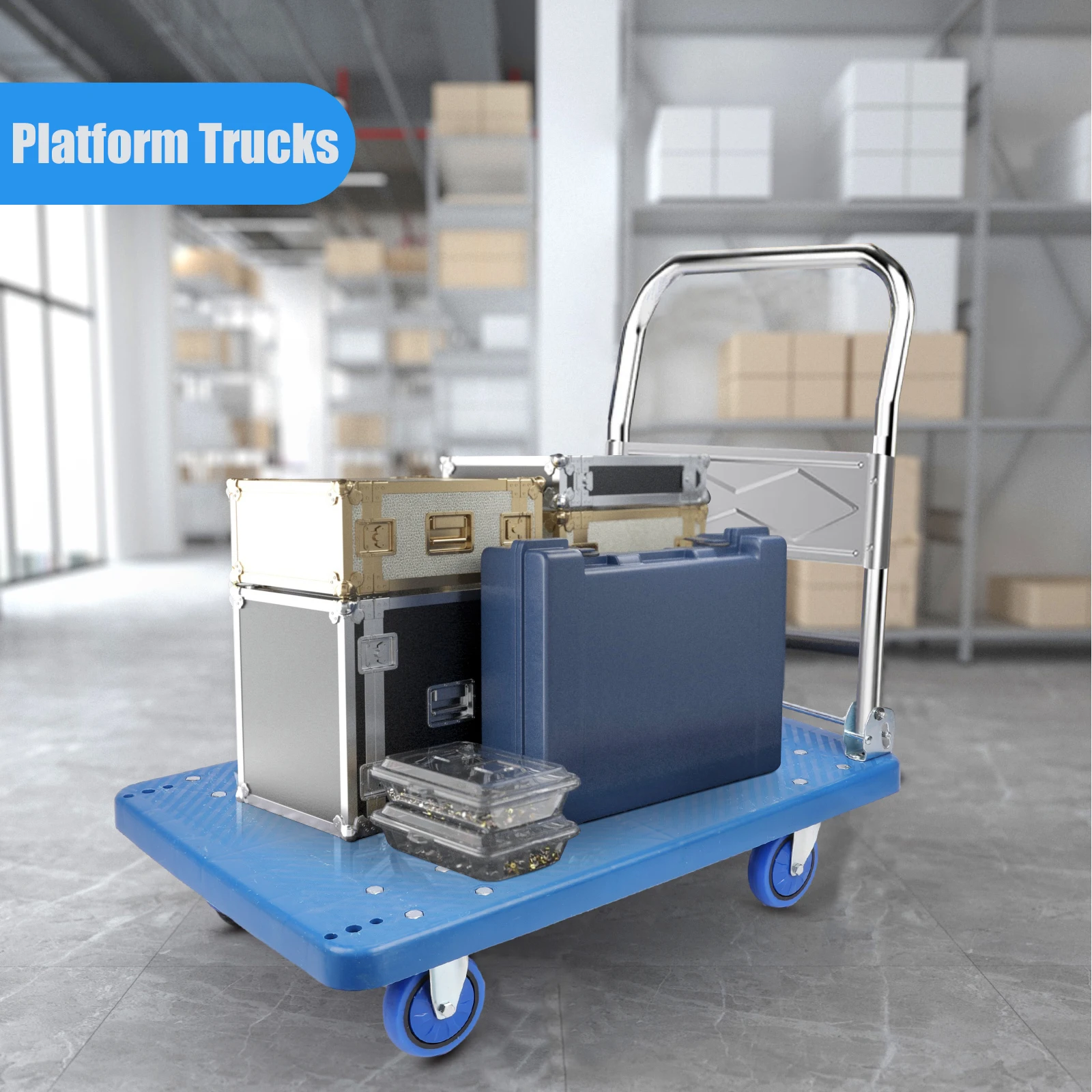 Platform Trucks, Dolly Cart Heavy Duty 500 LBS Capacity, Steel Foldable Push Cart Dolly Large Flatbed Cart w/360 Degree