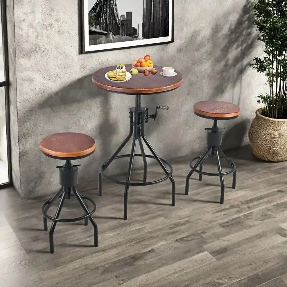 Adjustable Height Industrial Style 3-Piece Dining Set with Vintage Wood and Metal Stools
