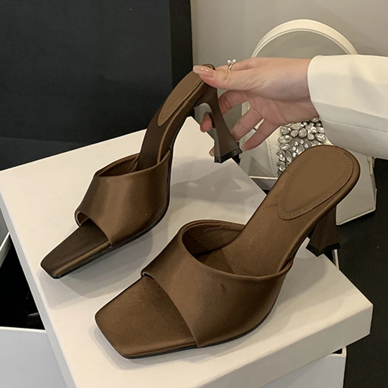 Liyke High Quality Cozy Silk Wide Square Toe Women Slippers Sandals Strange Heels Mules Slides Summer Party Dress Shoes Brown