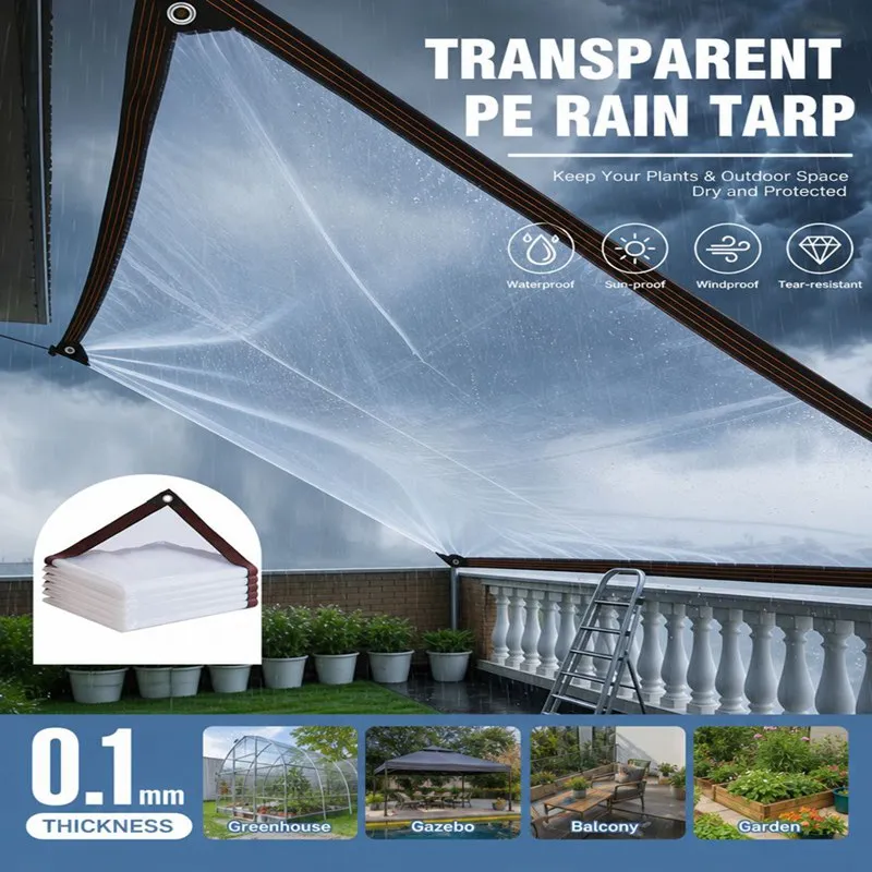 0.1mm Plastic Transparent PE Film Rainproof Cloth Transparent Waterproof Tarpaulin Garden Greenhouse Succulent Plants Keep Warm Rain Cover Waterproof Cloth Balcony Windows Windproof Screen Outdoor Gazebo Clear Tarp Curtain Insulation Film with Grommets