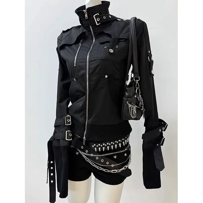 Goth Style Hip Hop Hoodies Punk Retro Moto Biker Coat Outwear Vintage Y2k Jacket Stand Collar Casual Black Outwear 2025 Spring