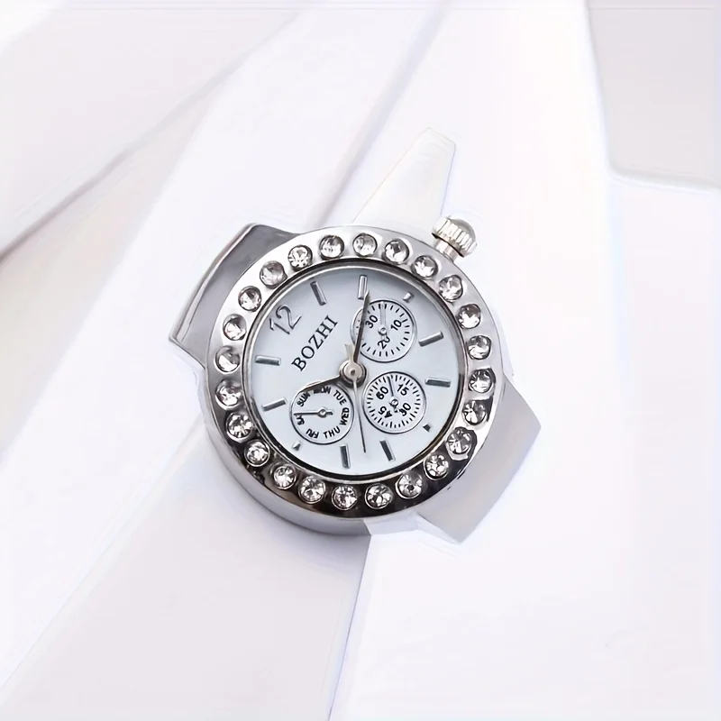 Fashion Three Circle Dial Adjustable Strap Inlaid Rhinestone Ring Quartz Watch, Solid Color Alloy Watch, Party School Supplies