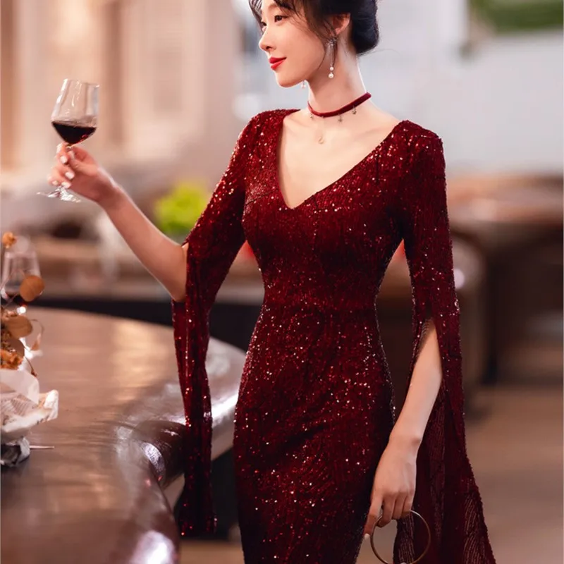 

High Quality |Red New Light Luxury Niche Banquet Temperament Hosted Fishtail Women Dress