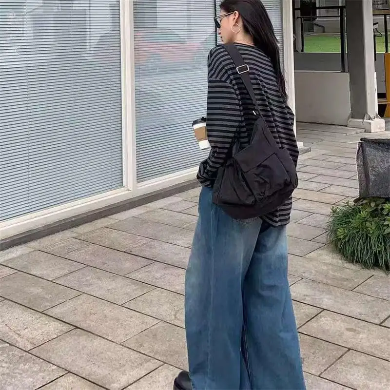 Herbst Frauen Harajuku Gestreiften T-shirt Lange Hülse O-ansatz Casual Oversize Top Femme Streetwear Schwarz Grau Lose Straße Tops Y2K – Detail 21
