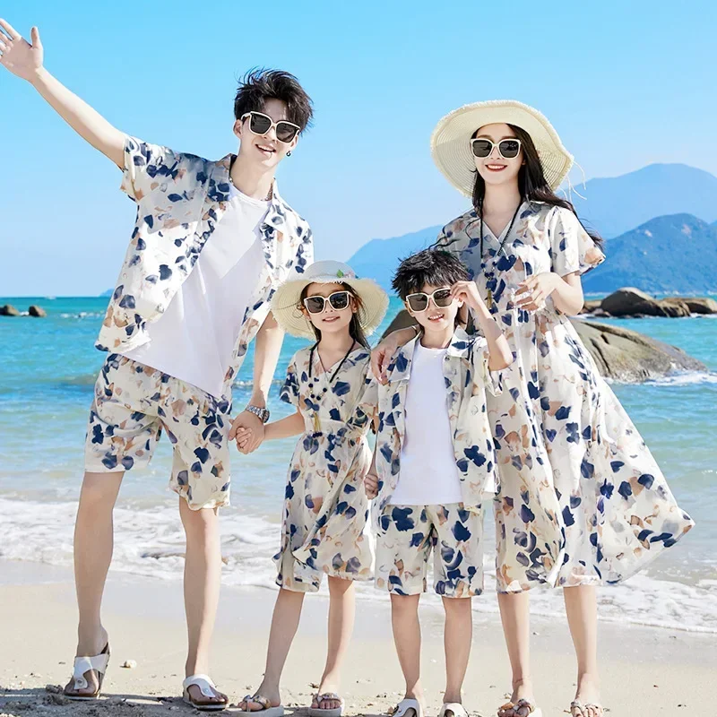 2026 Summer Family Vacation Look Clothes Mom and Daughter Short Sleeve Dress Holiday Dad and Son Shirts Two Piece Outfits Sets