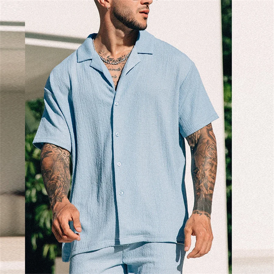 2025 novo conjunto de duas peças masculino manga curta lapela botão camisas e shorts ternos praia roupas masculinas verão streetwear agasalho