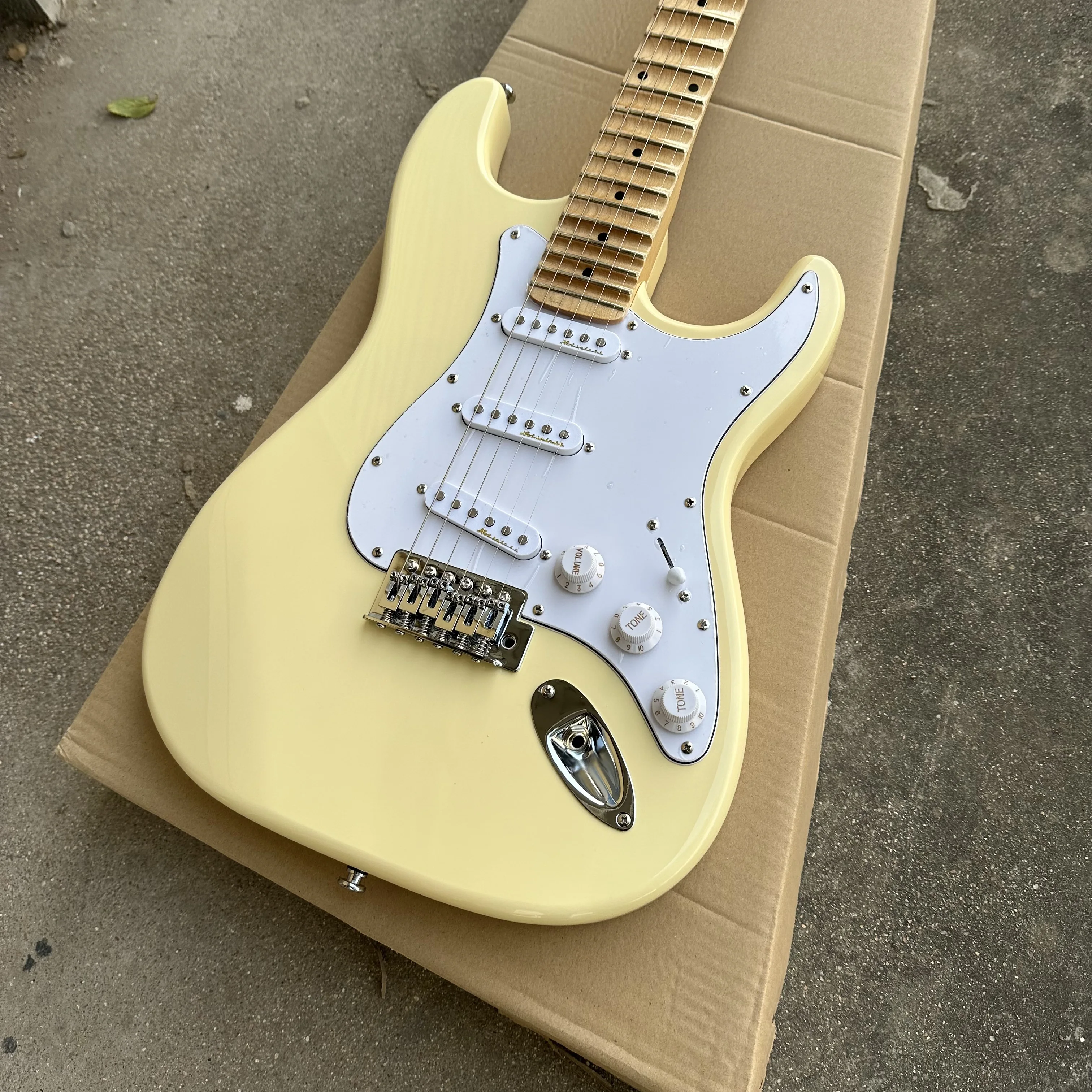 St yellow Electric Guitar Scalloped Maple Fretboard Big head white Pickguard 3S Pickups free shipping