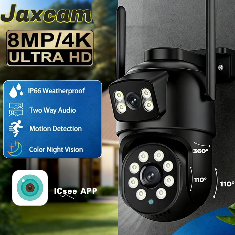 

8-мегапиксельная 4K IP-камера с двумя объективами и функцией PTZ, уличная HD-камера с двумя экранами, Wi-Fi, автоматическое отслеживание, беспроводная камера видеонаблюдения iCsee