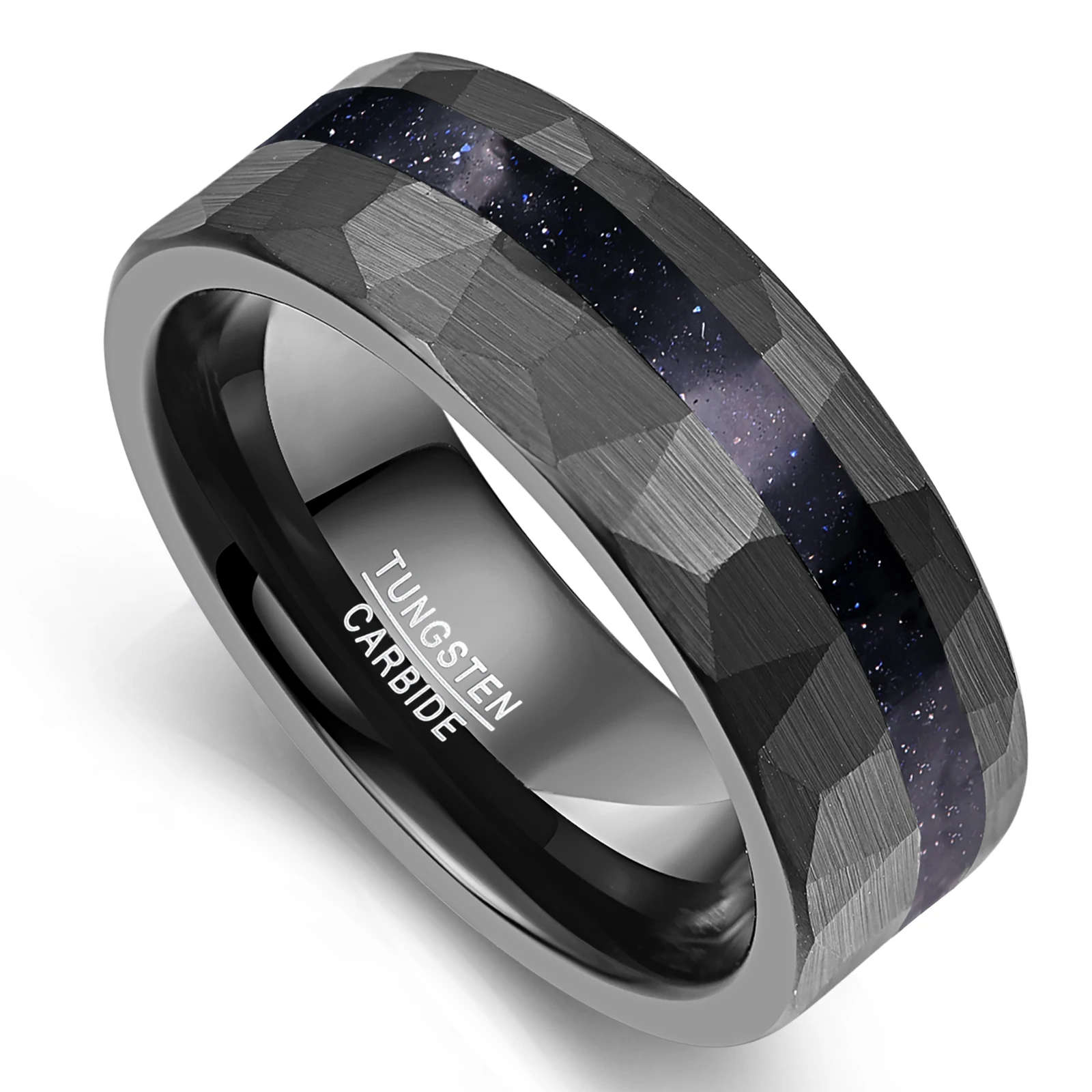 Nuncad 8mm Brushed Matte Black Hammered  Blue sandstone Tungsten Carbide Ring for Man Jewelry