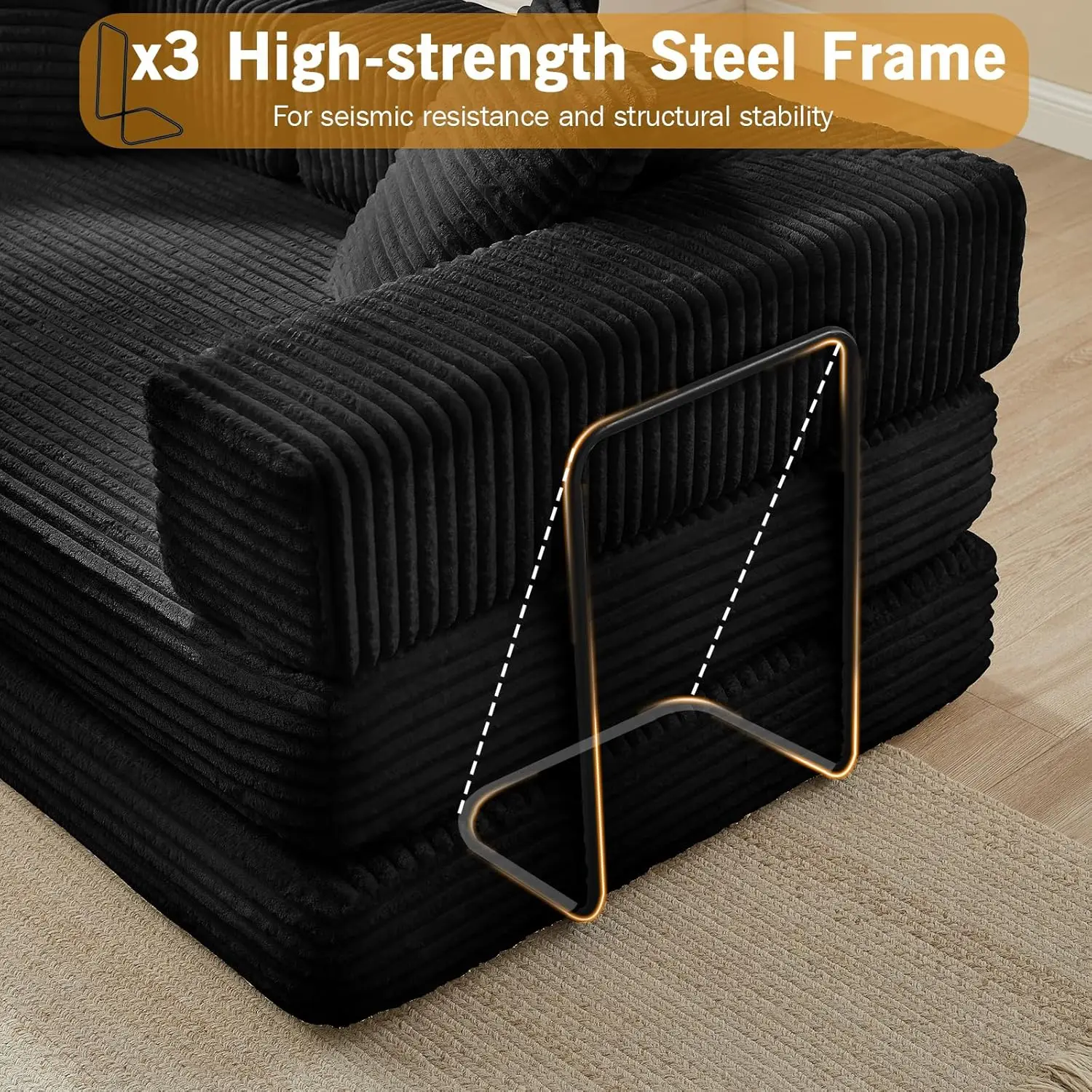 أريكة سرير قابلة للتحويل مقاس 81 بوصة، أريكة أرضية قابلة للطي مع مسند ذراع مربع، أريكة قماش قصير مضغوط بدون عظم في صندوق، أكمام مريحة