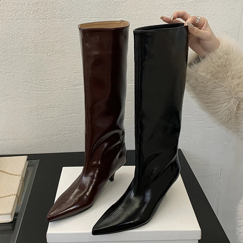 

Women's Pointed Toe Patent Leather Mid Heel Wide Calf Knee High Boots Elegant Casual Autumn Winter Fashion Footwear Drop Shippin