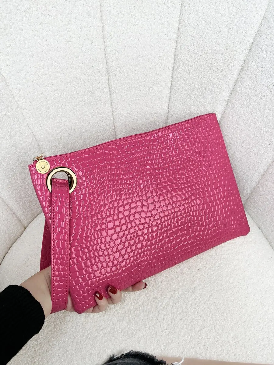 

Fuchsia Croc-Embossed PU Leather Clutch with Gold Ring Handle