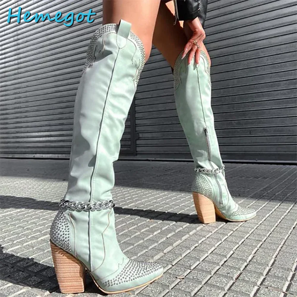 

Pointed Toe Stylish Rivet Long Boots Knee High Women Shoes Metal Chain Pink Solid Leather Block Heel Side Zippper Fashion 2023