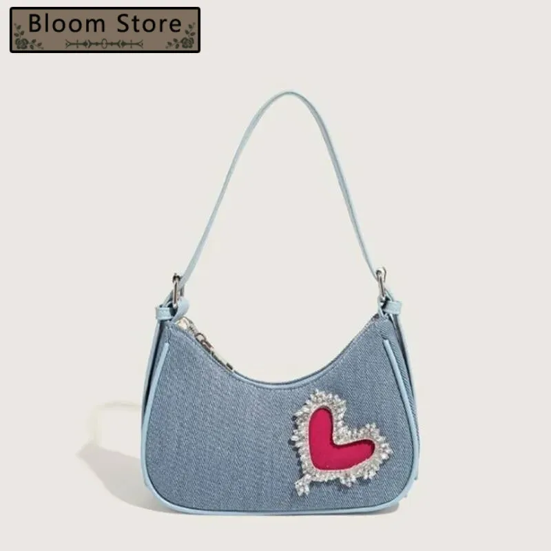 

Bloom Retro Denim Y2k Purse Women Harukuu Heart Rhinestone Zipper Casual Shoulder Bags Ladies Vintage Trendy Handbag