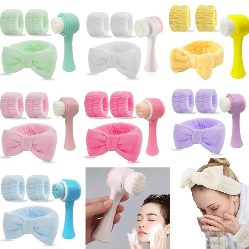 Conjunto de 4 Peças: Escova de Limpeza Facial de Silicone 3D Dupla Face, Faixa de Cabelo para Spa, Pulseira e Escova Esfoliante para Limpeza de Poros
