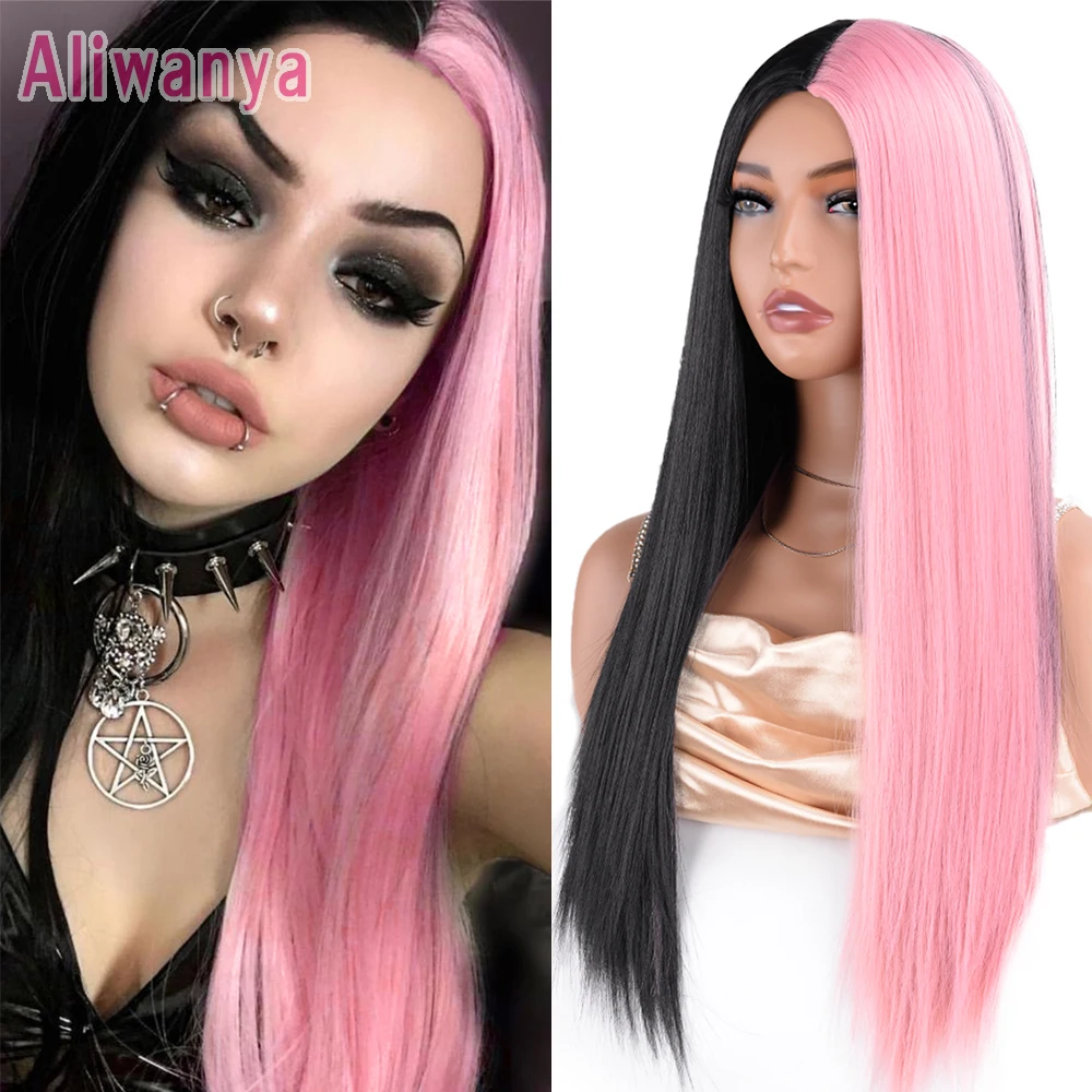 Peruca cosplay de cabelo liso sintético com franja para mulheres, longo, rosa, vermelho, resistente ao calor, halloween, 28"