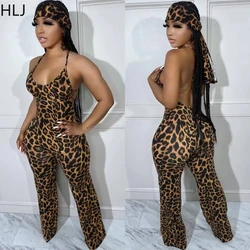 HLJ Sexy Leopard Print Bodycon Jumpsuits Women Thin Strap Sleeveless V Neck Wide Leg Pants Playsuit Female Overall With Scarf