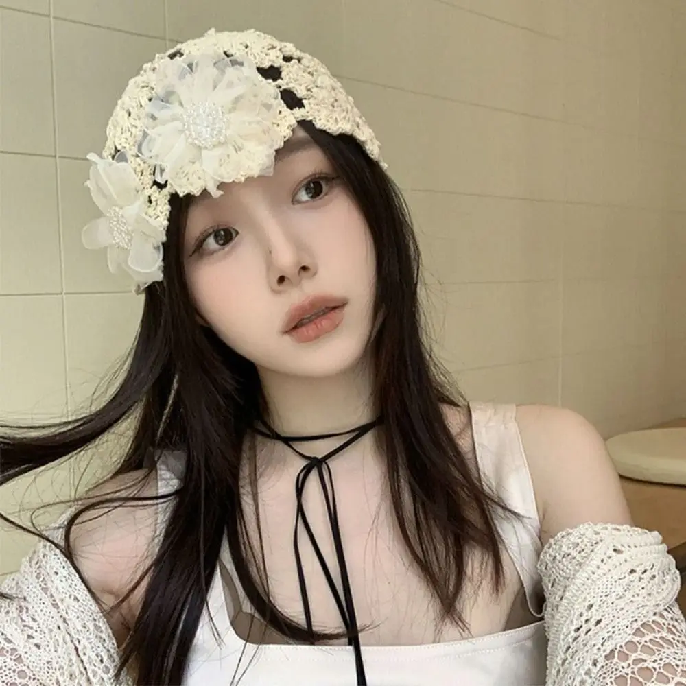 

Breathable Hollowed Out Knitted Hat Flowers Casual Beret Cap Fashion Lace Skullies Hat for Women