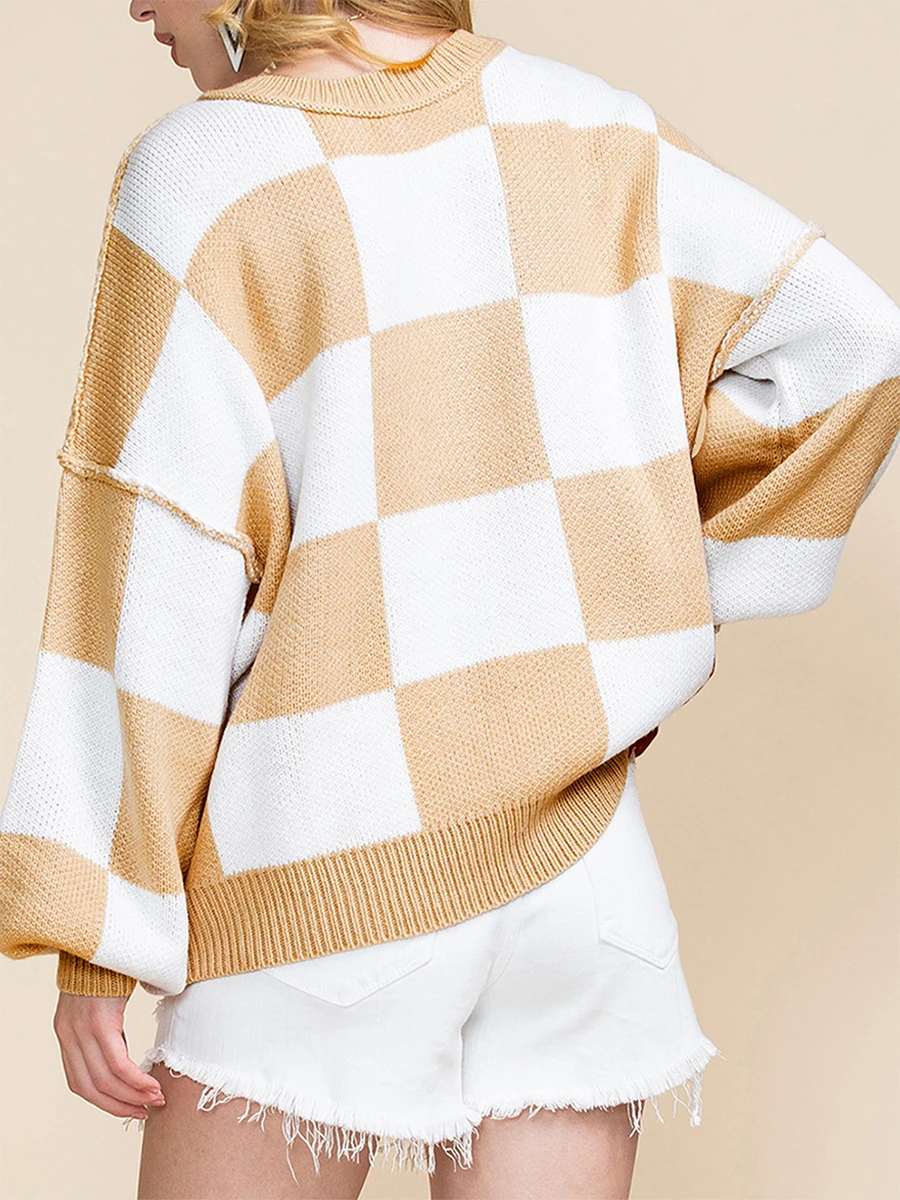 Women s Autumn Loose Sweaters Checkerboard Print Long Sleeve Round Neck Knitwear Pullovers