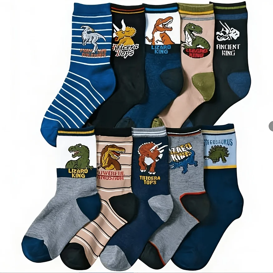 10 pairs of boy dinosaur socks, comfortable middle socks, suitable for daily wear, and students' campus life.