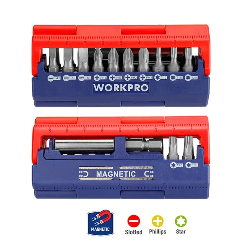 WORKPRO 13-Piece 25mm Magnetic Screwdriver Bit Set, Press-Type Bit Holder Case, Quick-Release Bit Storage Box, WP221062