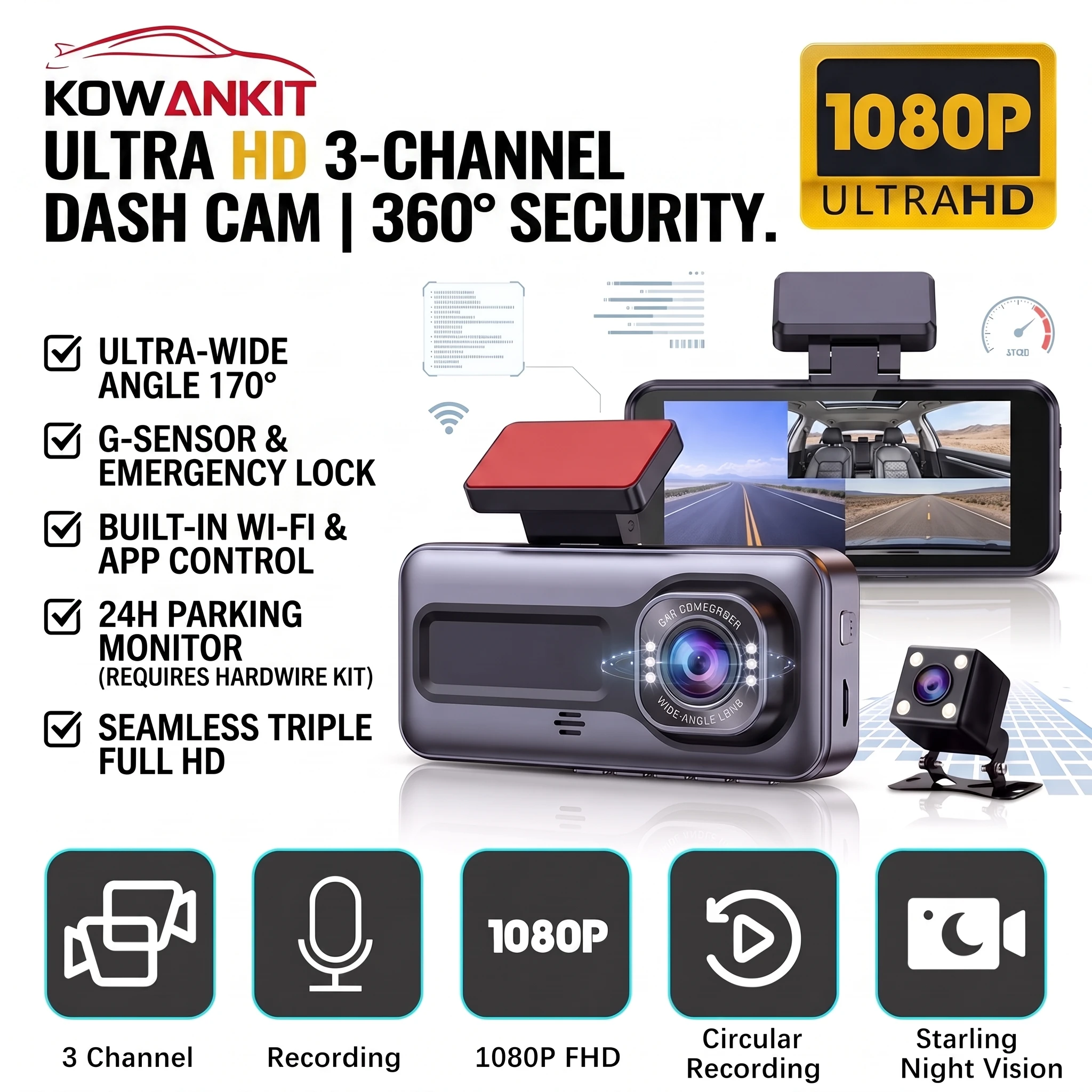 Car Dash Cam 2026 1080P HD 3 Channel WIFI DVR 3 Lens Inside Three Way Video Recorder Camcorder Vehicle Camera Video Registrator