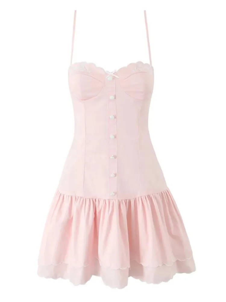 

New Summer Dresses 2026 Woman Flower Embroidered Suspender Party Dress Backless Slim Elegant Vestidos Solid Color Sexy Trendy