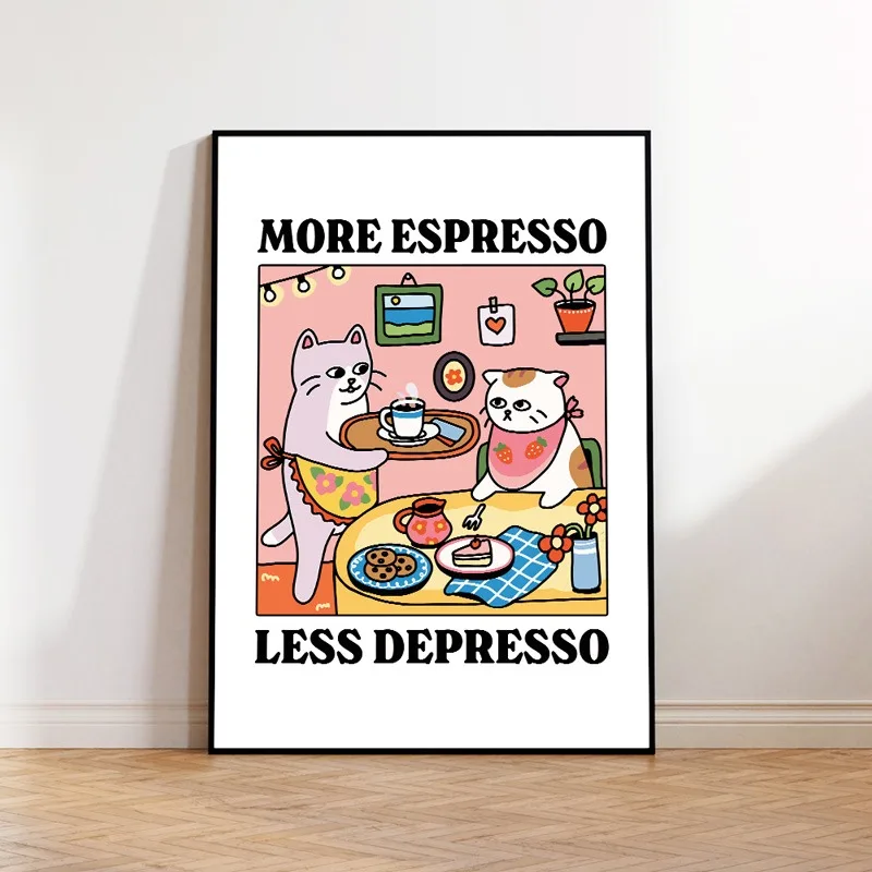 Retro Drink French Cafe Au lait Cat Bistro Coffee Wall Art Prints Canvas Painting Poster Pictures For Kitchen Room Home Decor