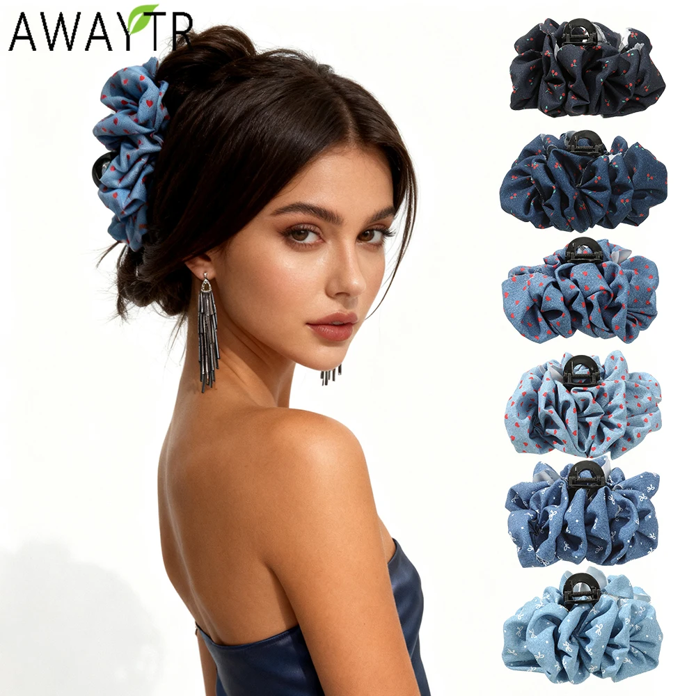 

AWAYTR Denim Cherry Print Bow Hair Claws Fabric Hair Clip Crab For Girl Gift Hair Accessories Valentine Headwear