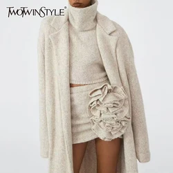 TWOTWINSTYLE Three Piece Set For Women Lapel Long Sleeve Coat High Neck Vest High Waist Spliced Appliques Skirt Chic Sets Female