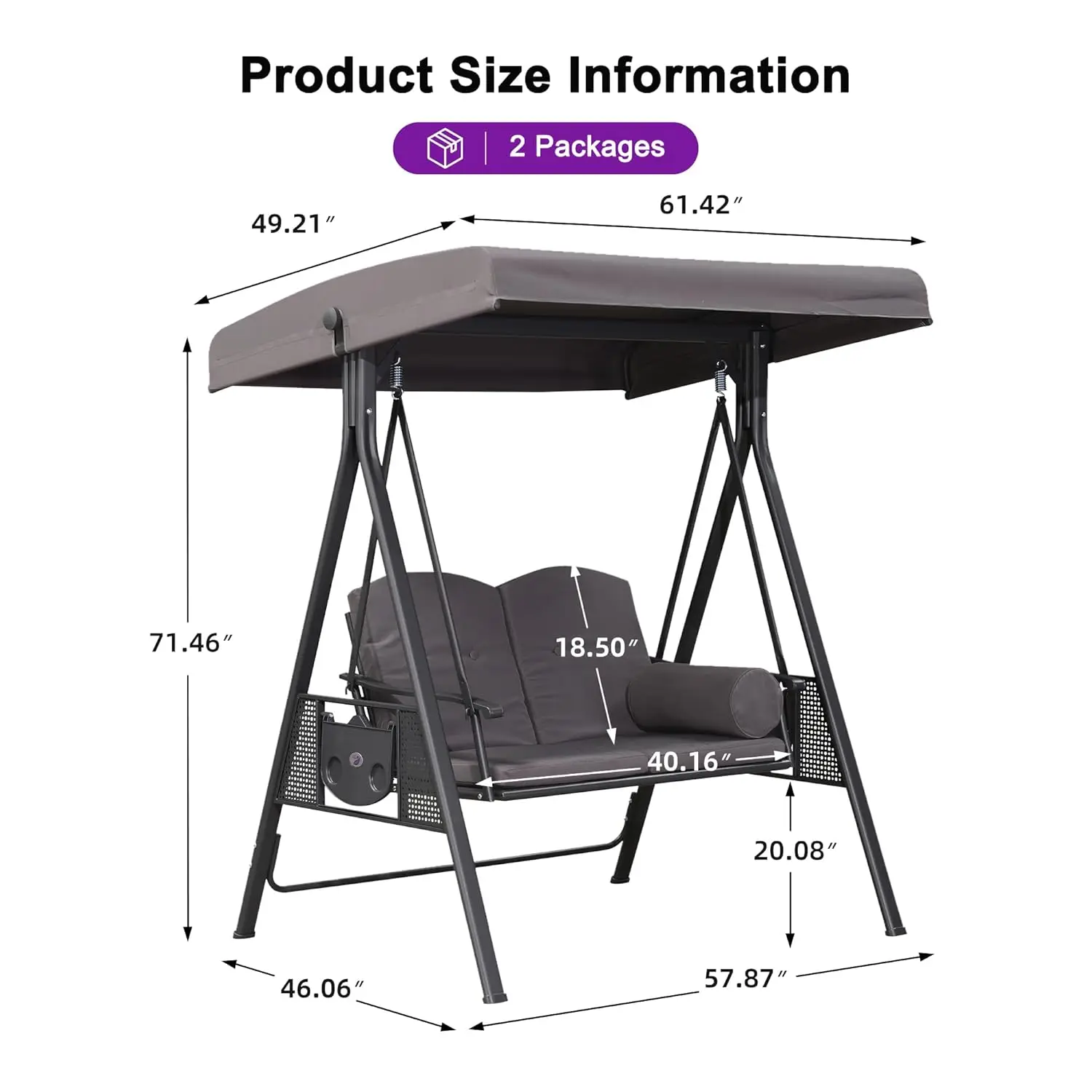 Outdoor Patio Porch Swing with Stand, 2-seat Swing Chair with Adjustable Tilt Canopy All-Weather Steel Frames, Customized