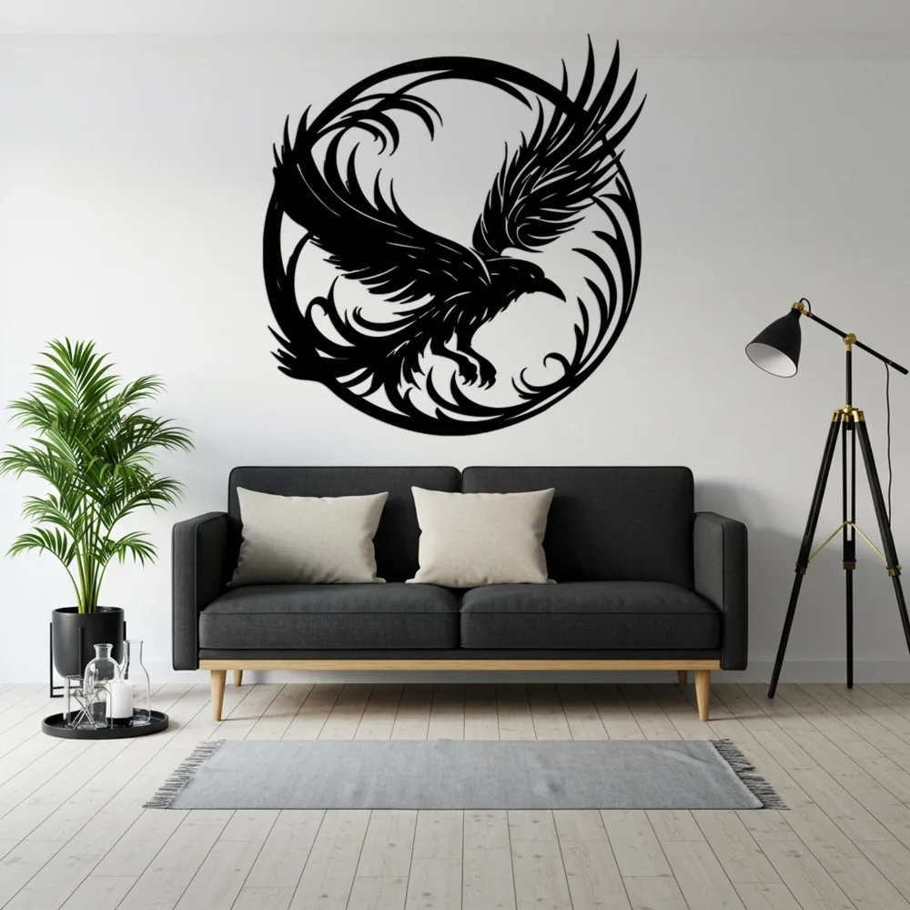 CIFBUY Nordic Raven Metal Wall Art,Gothic Crow Round Tin Sign,Oversized Mysterious Bird Decor,Above Couch Hanging Ornament