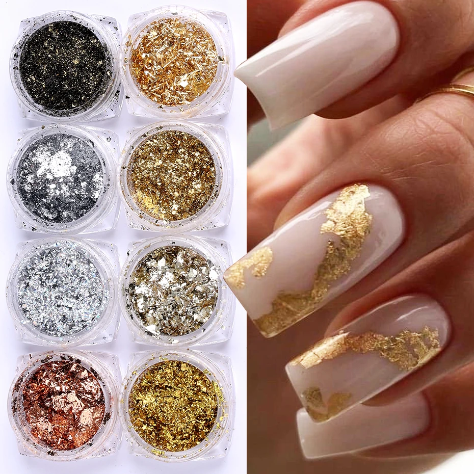 8/10Boxes Gold Silver Aluminum Nail Foils Metallic Sparkly Flakes Broken Irregular Foils DIY Manicure Decoration Glitter Sequins