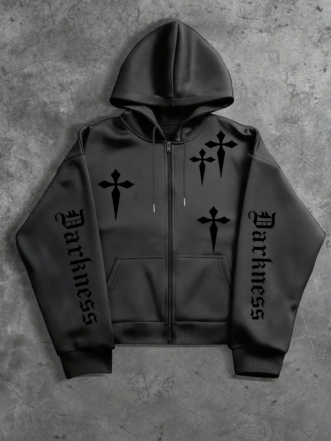 Langärmelige, lockere Sweatshirt-Jacke mit Reißverschluss für Damen und Herren, mit Buchstaben- und Kreuz-Prints, aus warmem und bequemem Stoff. – Detail 4