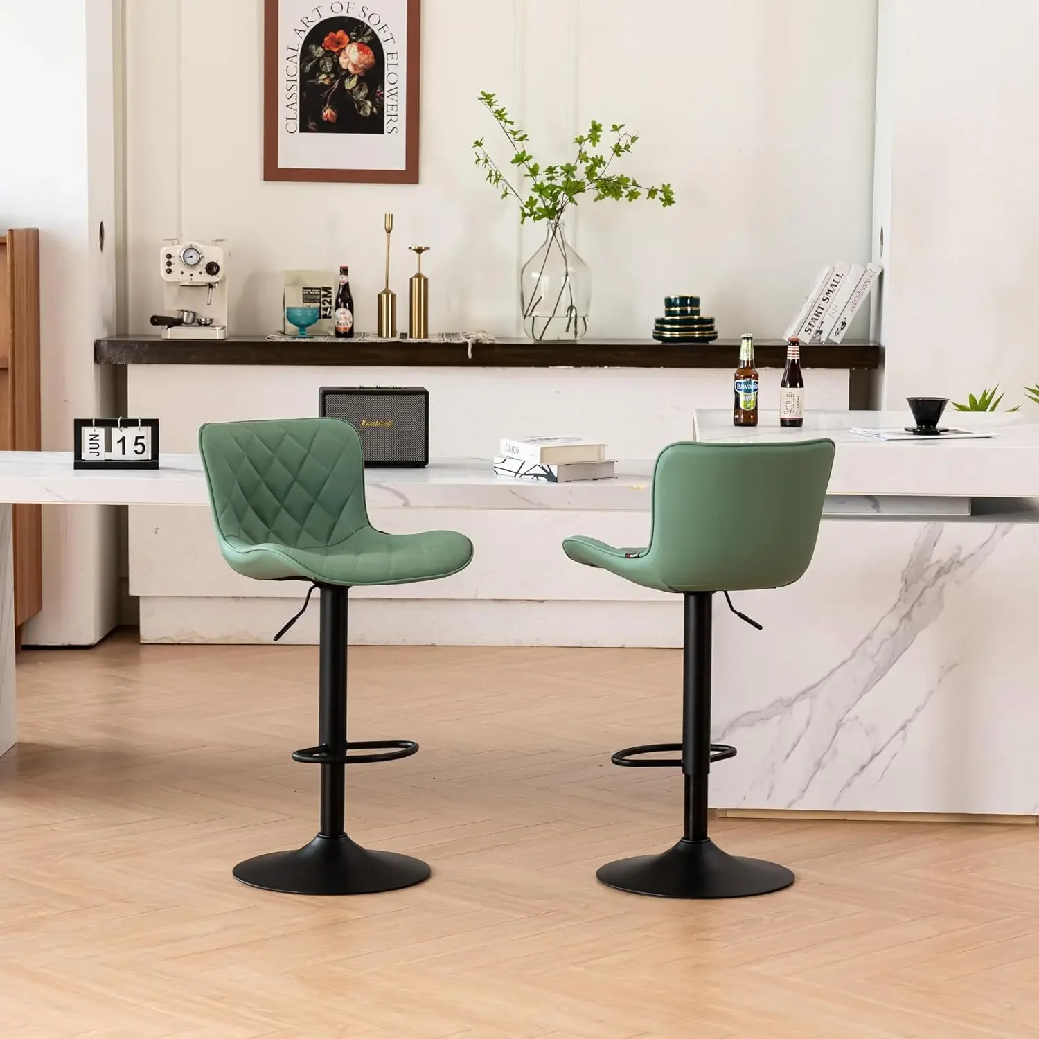 Taburetes de bar Juego de 2 con respaldo Taburetes de bar giratorios modernos de piel sintética con altura de mostrador Sillas de taburete de bar alto ajustables para