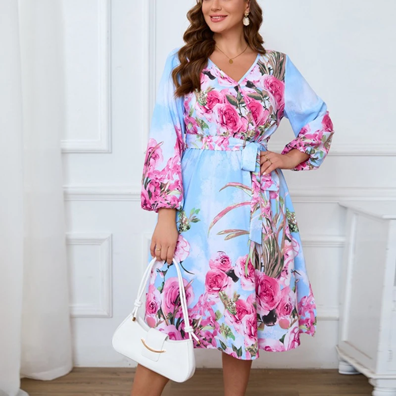 Tinaa Holiday Plus Size Dresses Women 2025 Spring Autumn New A-line Printing Lantern Sleeve Party Beach Long Dress with Belt