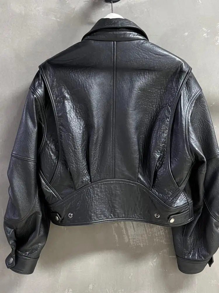Female Zipper Turn-Down Collar Genuine Leather Short Jacket Fashion Long Sleeves Loose Coats Solid Color Sheepskin Outwear