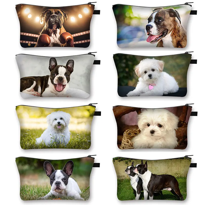 Maltese / Boston Terrier Dog Print Cosmetic Case Women Boxer Dogs Makeup Bags Organizer Toiletry Bag Zipper Pouch Lipstick Bags