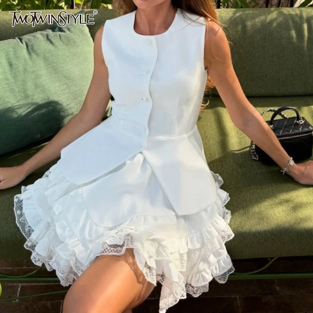 

TWOTWINSTYLE Solid Two Piece Set for Women O Neck Sleeveless Cardigan Vest High Waist Spliced Lace Edge Mini Skirt Suit Female