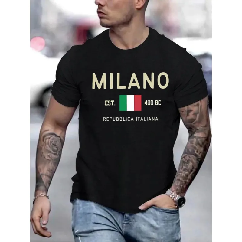 Milano Print Men T-shirt Crew Neck Fashionable Short Sleeve Sport T-shirt Comfortable for Summer Athletic Style Comfort T-Shirt