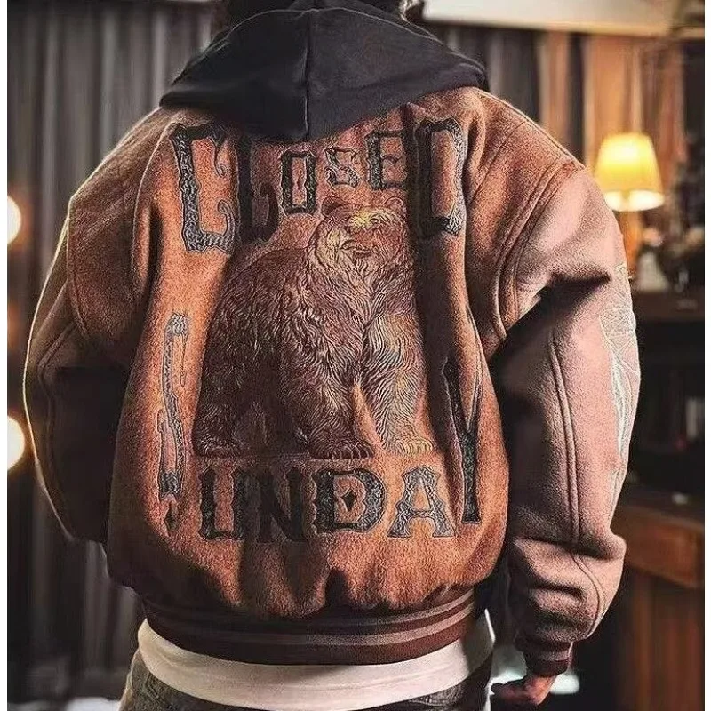 2026 New Trendy Embroidered Baseball Jacket American Y2k High Street Jacket Winter Thick Loose Retro Casual Hip-Hop Jacket Men