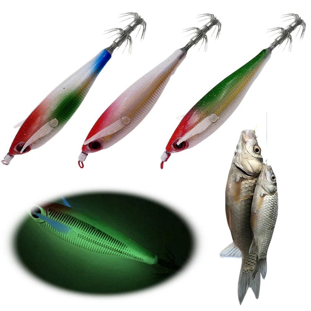 Luminous Artificial Squid Hook Horizontal Fishing Bait Wood Shrimp Cuttlefish Hard Bait for Cuttlefish Sea Fishing