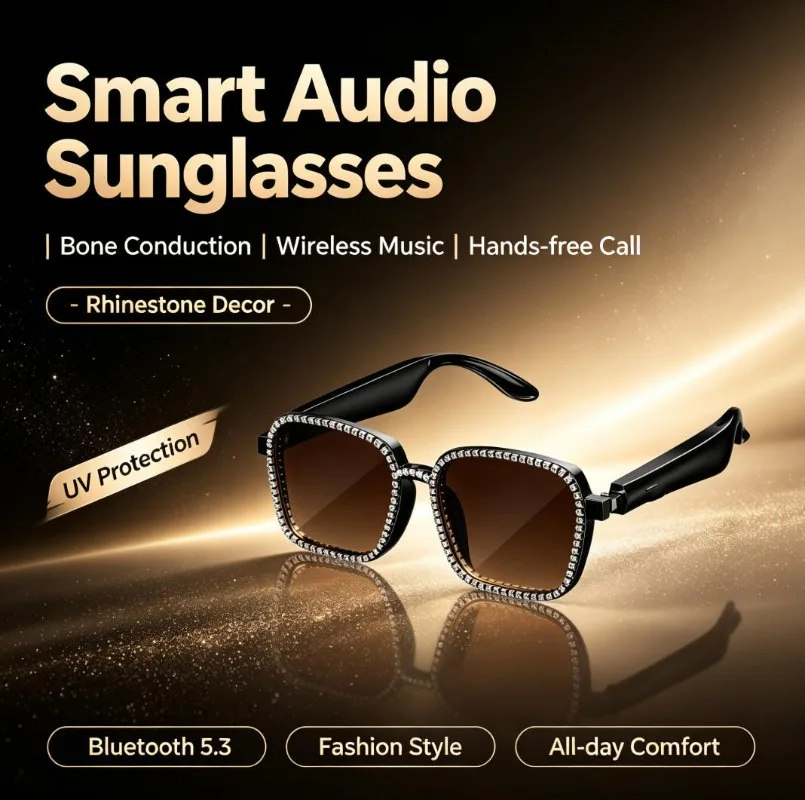 Rhinestone Smart Audio Sunglasses Bone Conduction Bluetooth 5.3 UV Protection Wireless Music Hands‑free Call Comfort Eyewear