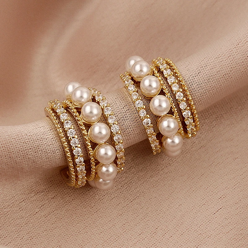 Fashion Minimalist Personalized Earrings for Women Pearl C-shaped Inlaid Rhinestone Hoop Earrings Temperament  Jewelry Gift