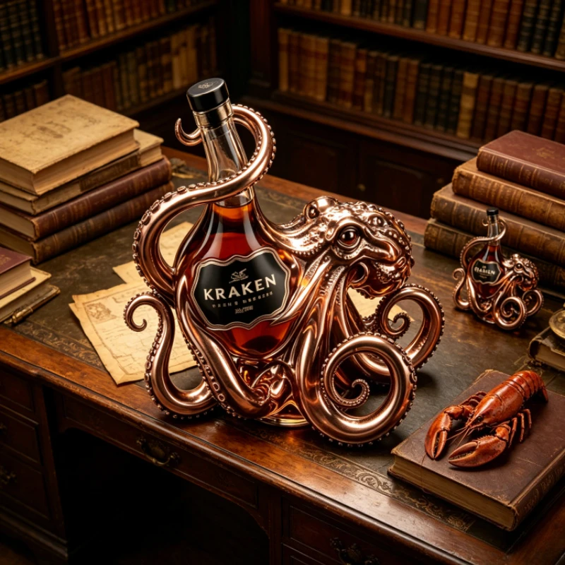 The Kraken Octopus Whiskey Decanter, Black Spiced Rum Collectible Bottle, Unique Barware for Home Bar & Man Cave